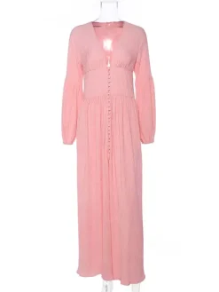 Boho V Neck Maxi Dress - Puff Sleeve Button Front High Slit Long Dress - Spring Beach Vacation 2026