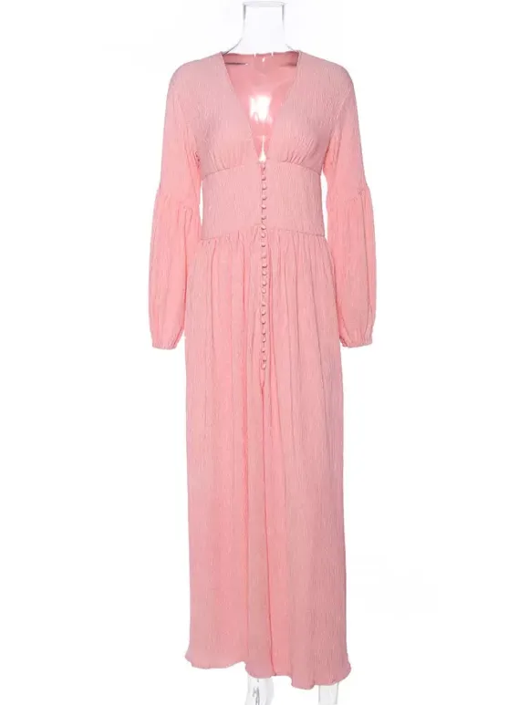Boho V Neck Maxi Dress - Puff Sleeve Button Front High Slit Long Dress - Spring Beach Vacation 2026
