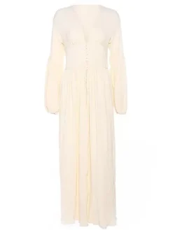 Boho V Neck Maxi Dress - Puff Sleeve Button Front High Slit Long Dress - Spring Beach Vacation 2026