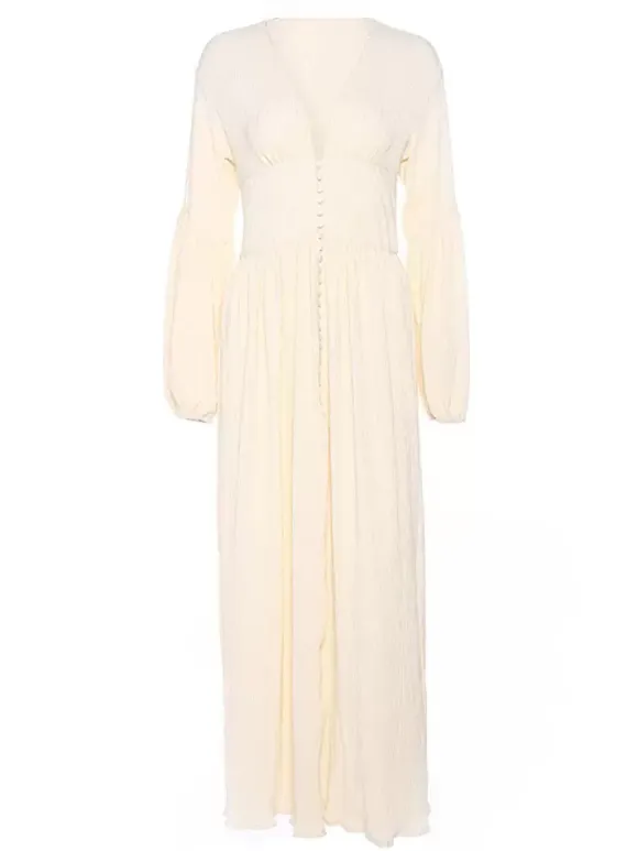 Boho V Neck Maxi Dress - Puff Sleeve Button Front High Slit Long Dress - Spring Beach Vacation 2026