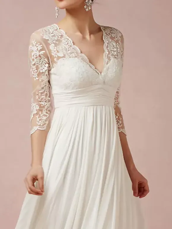 Boho Wedding Dress Chiffon Applique A-Line Asymmetrical Natural Waist Zipper 3/4 Length Sleeves V-Neck Ivory