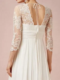 Boho Wedding Dress Chiffon Applique A-Line Asymmetrical Natural Waist Zipper 3/4 Length Sleeves V-Neck Ivory