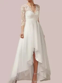 Boho Wedding Dress Chiffon Applique A-Line Asymmetrical Natural Waist Zipper 3/4 Length Sleeves V-Neck Ivory