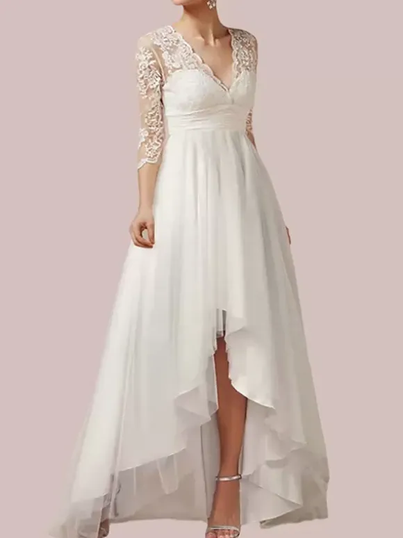 Boho Wedding Dress Chiffon Applique A-Line Asymmetrical Natural Waist Zipper 3/4 Length Sleeves V-Neck Ivory