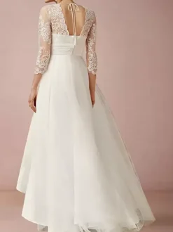 Boho Wedding Dress Chiffon Applique A-Line Asymmetrical Natural Waist Zipper 3/4 Length Sleeves V-Neck Ivory