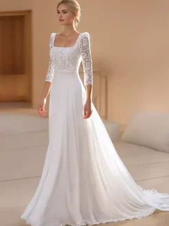 Boho Wedding Dress Chiffon Cut Out A-Line With Train Natural Waist Backless 3/4 Length Sleeves Square Neck Ivory