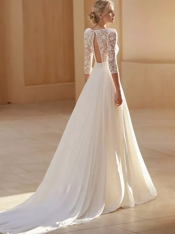 Boho Wedding Dress Chiffon Cut Out A-Line With Train Natural Waist Backless 3/4 Length Sleeves Square Neck Ivory