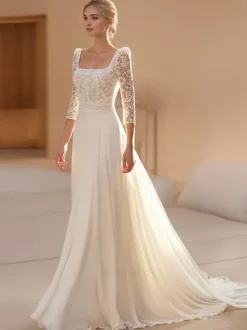 Boho Wedding Dress Chiffon Cut Out A-Line With Train Natural Waist Backless 3/4 Length Sleeves Square Neck Ivory