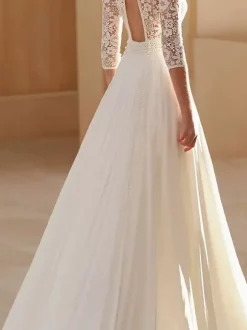 Boho Wedding Dress Chiffon Cut Out A-Line With Train Natural Waist Backless 3/4 Length Sleeves Square Neck Ivory