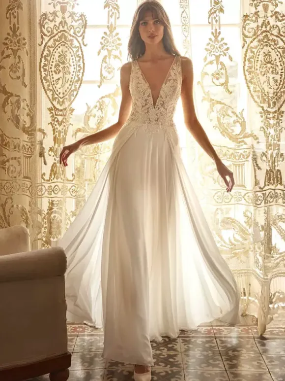 Boho Wedding Dress Chiffon Cut Out A-Line With Train Natural Waist Zipper Sleeveless V-Neck Ivory