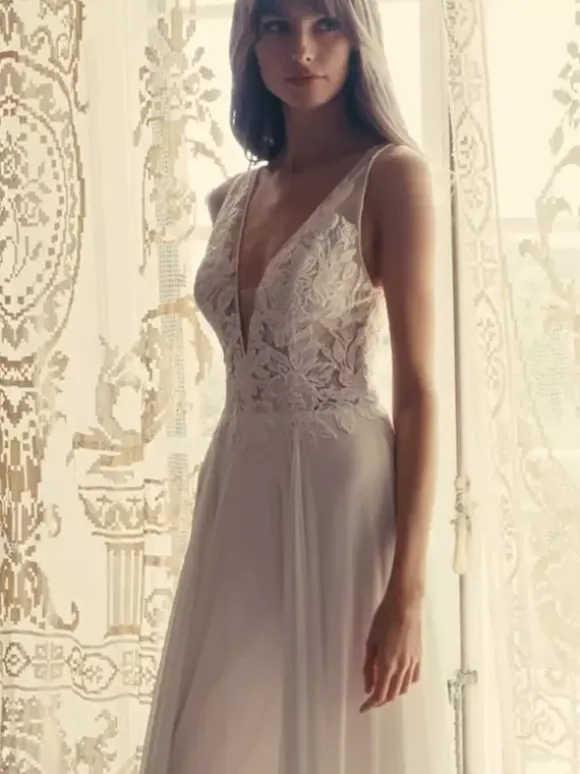 Boho Wedding Dress Chiffon Cut Out A-Line With Train Natural Waist Zipper Sleeveless V-Neck Ivory