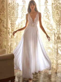 Boho Wedding Dress Chiffon Cut Out A-Line With Train Natural Waist Zipper Sleeveless V-Neck Ivory