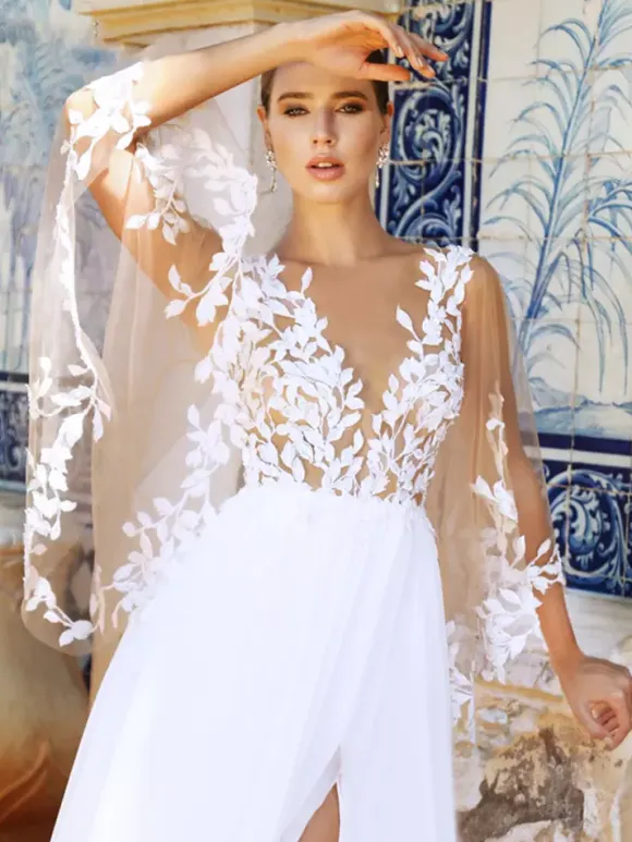 Boho Wedding Dress Chiffon Lace Ball Gown Floor-Length Natural Waist Zipper Long Sleeves V-Neck Ivory