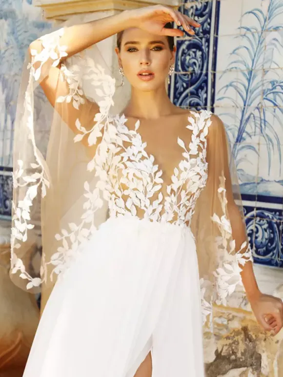 Boho Wedding Dress Chiffon Lace Ball Gown Floor-Length Natural Waist Zipper Long Sleeves V-Neck Ivory