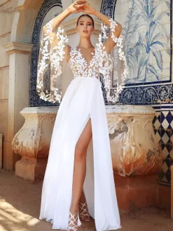 Boho Wedding Dress Chiffon Lace Ball Gown Floor-Length Natural Waist Zipper Long Sleeves V-Neck Ivory