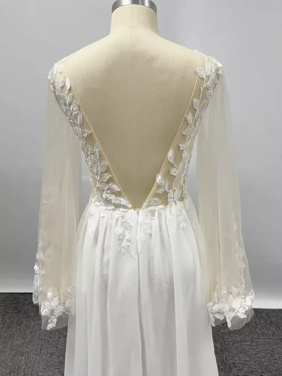 Boho Wedding Dress Chiffon Lace Ball Gown Floor-Length Natural Waist Zipper Long Sleeves V-Neck Ivory