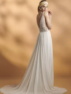 Boho Wedding Dress Chiffon Lace A-Line With Train Natural Waist Zipper Sleeveless V-Neck White