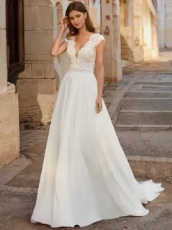 Boho Wedding Dress Chiffon Lace A-Line Sweep Natural Waist Backless Sleeveless V-Neck Ivory