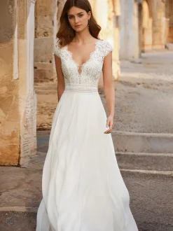 Boho Wedding Dress Chiffon Lace A-Line Sweep Natural Waist Backless Sleeveless V-Neck Ivory