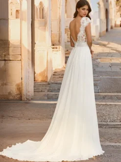 Boho Wedding Dress Chiffon Lace A-Line Sweep Natural Waist Backless Sleeveless V-Neck Ivory