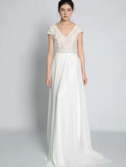 Boho Wedding Dress Chiffon Lace A-Line With Train Natural Waist Backless Short Sleeves V-Neck Ivory