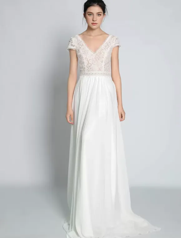 Boho Wedding Dress Chiffon Lace A-Line With Train Natural Waist Backless Short Sleeves V-Neck Ivory