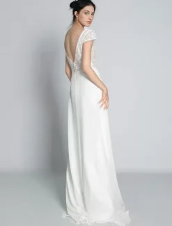Boho Wedding Dress Chiffon Lace A-Line With Train Natural Waist Backless Short Sleeves V-Neck Ivory