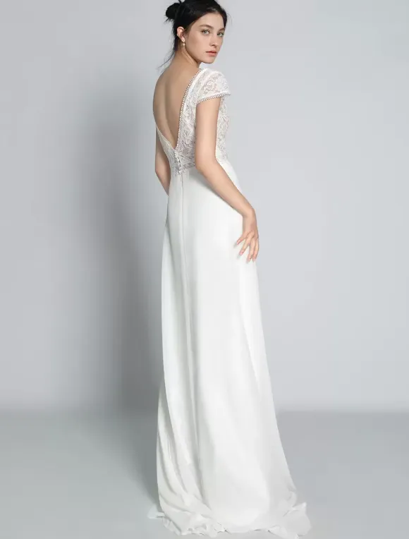 Boho Wedding Dress Chiffon Lace A-Line With Train Natural Waist Backless Short Sleeves V-Neck Ivory