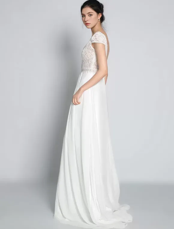 Boho Wedding Dress Chiffon Lace A-Line With Train Natural Waist Backless Short Sleeves V-Neck Ivory