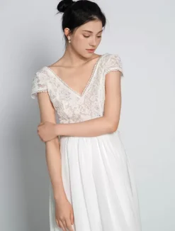 Boho Wedding Dress Chiffon Lace A-Line With Train Natural Waist Backless Short Sleeves V-Neck Ivory
