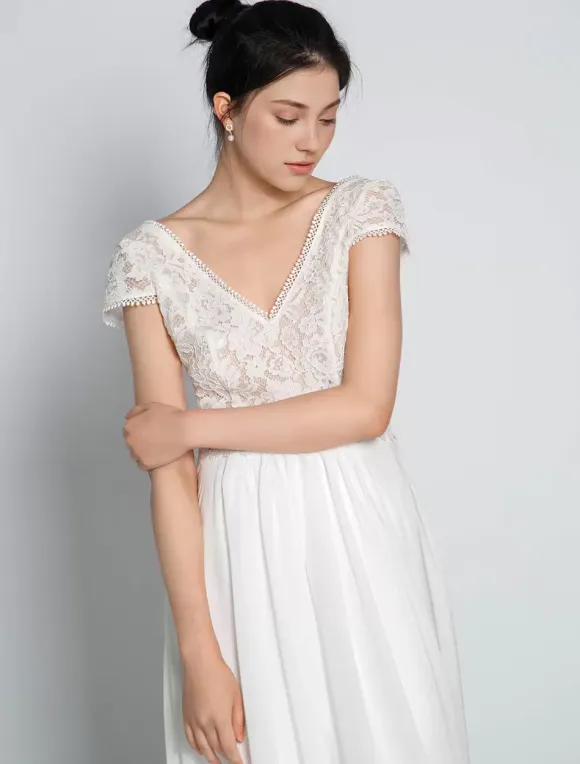 Boho Wedding Dress Chiffon Lace A-Line With Train Natural Waist Backless Short Sleeves V-Neck Ivory