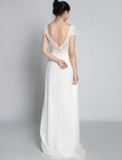 Boho Wedding Dress Chiffon Lace A-Line With Train Natural Waist Backless Short Sleeves V-Neck Ivory