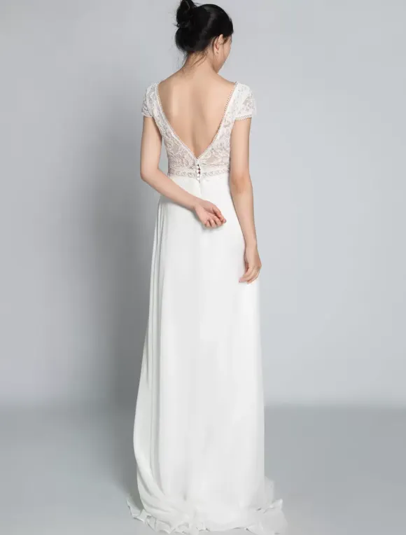 Boho Wedding Dress Chiffon Lace A-Line With Train Natural Waist Backless Short Sleeves V-Neck Ivory