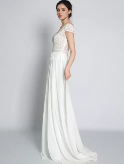 Boho Wedding Dress Chiffon Lace A-Line With Train Natural Waist Backless Short Sleeves V-Neck Ivory