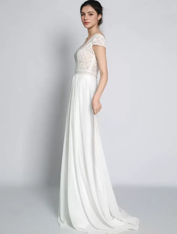 Boho Wedding Dress Chiffon Lace A-Line With Train Natural Waist Backless Short Sleeves V-Neck Ivory