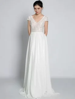 Boho Wedding Dress Chiffon Lace A-Line With Train Natural Waist Backless Short Sleeves V-Neck Ivory