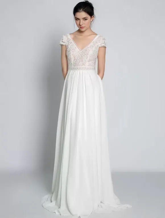 Boho Wedding Dress Chiffon Lace A-Line With Train Natural Waist Backless Short Sleeves V-Neck Ivory