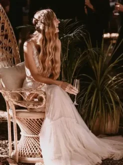 Boho Wedding Dresses A Line Deep V Neck Floor Length Sleeveless Lace Backless Bridal Gowns