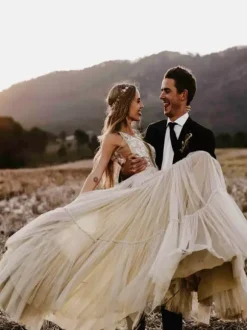 Boho Wedding Dresses A Line Deep V Neck Floor Length Sleeveless Lace Backless Bridal Gowns