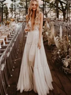 Boho Wedding Dresses A Line Deep V Neck Floor Length Sleeveless Lace Backless Bridal Gowns