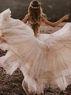 Boho Wedding Dresses A Line Deep V Neck Floor Length Sleeveless Lace Backless Bridal Gowns
