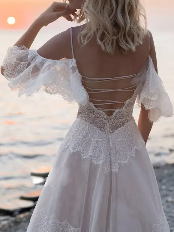 Boho Wedding Dresses 2026 A Line Deep V Neck Straps Lace Short Sleeve Bridal Gown For Beach Wedding With Sweep Train