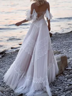Boho Wedding Dresses 2026 A Line Deep V Neck Straps Lace Short Sleeve Bridal Gown For Beach Wedding With Sweep Train