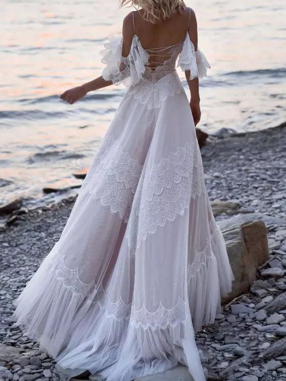 Boho Wedding Dresses 2026 A Line Deep V Neck Straps Lace Short Sleeve Bridal Gown For Beach Wedding With Sweep Train