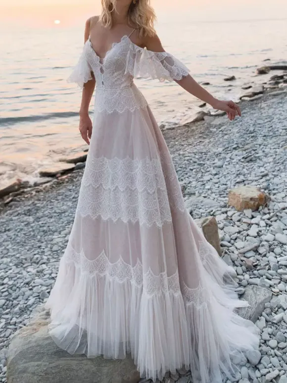 Boho Wedding Dresses 2026 A Line Deep V Neck Straps Lace Short Sleeve Bridal Gown For Beach Wedding With Sweep Train