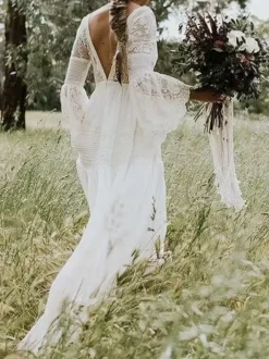 Boho Wedding Dresses 2026 A Line Deep V Neck Multilayer Lace Chiffon Beach Party Dress Hippie Bridal Gowns Free Customization