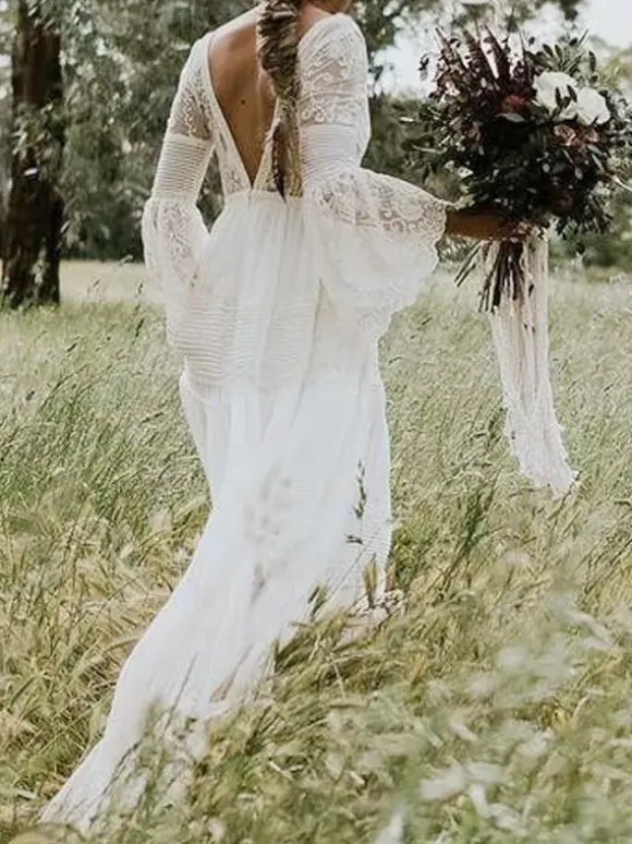 Boho Wedding Dresses 2026 A Line Deep V Neck Multilayer Lace Chiffon Beach Party Dress Hippie Bridal Gowns Free Customization