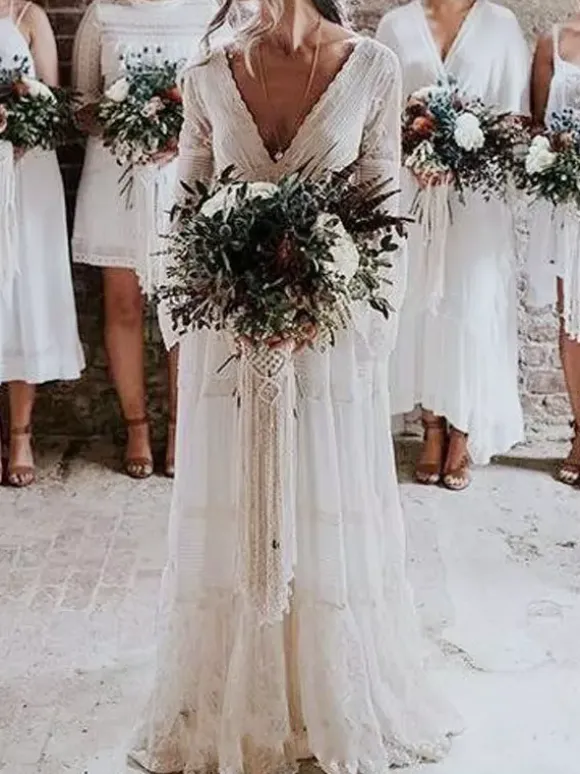 Boho Wedding Dresses 2026 A Line Deep V Neck Multilayer Lace Chiffon Beach Party Dress Hippie Bridal Gowns Free Customization