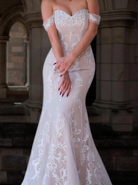 Boho Wedding Dresses 2026 Mermaid Off The Shoulder Free Customized Lace Short Sleeve Floor Length Bridal Gown With Sweep Train
