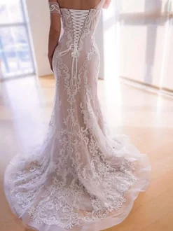 Boho Wedding Dresses 2026 Mermaid Off The Shoulder Free Customized Lace Short Sleeve Floor Length Bridal Gown With Sweep Train
